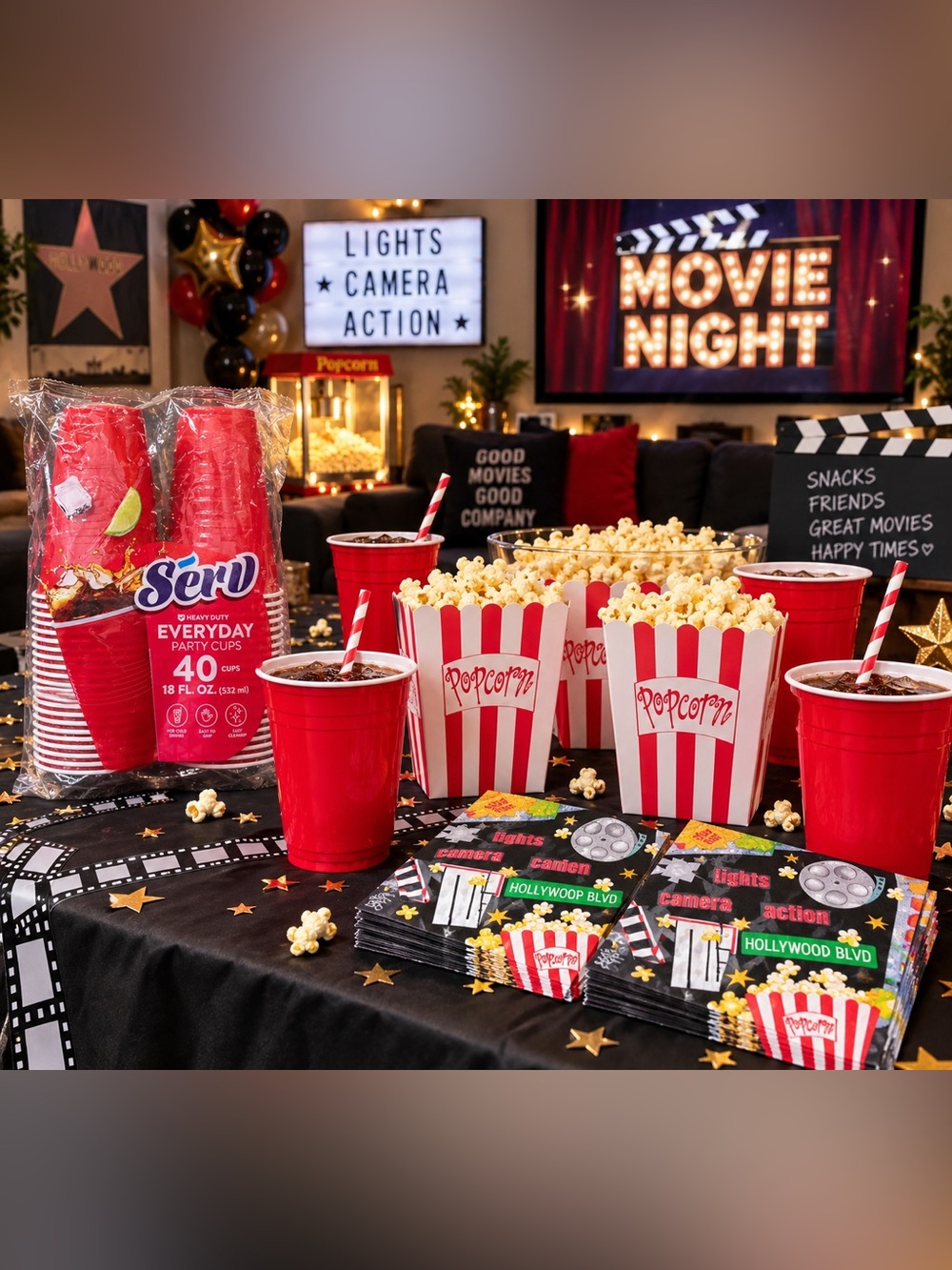 Hollywood Movie Night Party Bundle Solo 18oz Cups Popcorn Boxes Napkins
